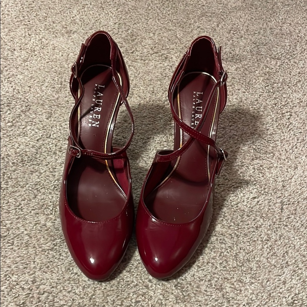 Ralph Lauren Red Heels with Ankle Strap and Glossy Finish